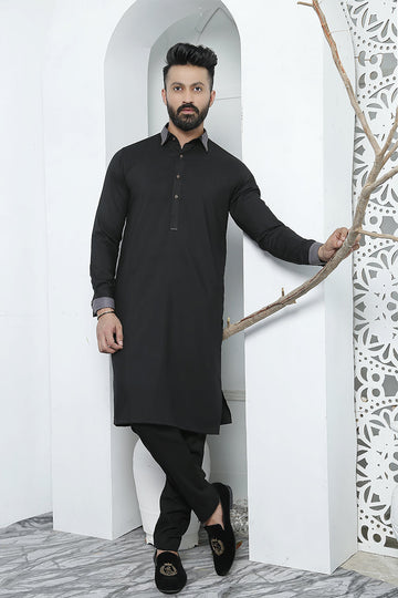 Black Color Cut Collar Embroidered Kurta Pajama For Men